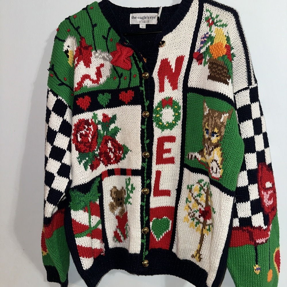 NWT the Eagle's Eye vintage Christmas Knit Sweater Women L noel cat floral 1991 - Picture 5 of 12